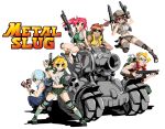  3girls blonde_hair blue_eyes blue_hair blush bongfill breasts brown_eyes brown_hair bubble_blowing chewing_gum closed_mouth dual_wielding eyebrows_visible_through_hair fio_germi freckles glasses green_eyes ground_vehicle gun hair_over_one_eye hat holding holding_gun holding_weapon kasamoto_eri large_breasts looking_at_viewer looking_away marco_rossi medium_hair metal_slug military military_vehicle motor_vehicle multiple_boys multiple_girls nadia_cassel navel open_mouth parted_lips pink_hair red_eyes short_hair smile squatting sunglasses sv001_(metal_slug) tank tarma_roving trevor_spacey twintails weapon yellow_eyes 