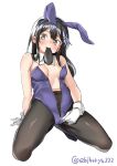  animal_ears arm_support artist_name ass_visible_through_thighs black_hair black_legwear blush breasts bunny_ears cleavage crotch_seam detached_collar ebifurya fake_animal_ears full_body gloves grey_eyes hair_ornament hairband hairclip highres kantai_collection long_hair mouth_hold navel necktie oyashio_(kantai_collection) pantyhose simple_background small_breasts solo spread_legs squatting twitter_username undressing unzipping white_background white_gloves 