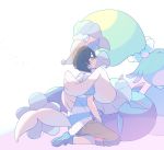  1boy aicedrop black_hair capri_pants creatures_(company) game_freak gen_7_pokemon hug long_hair mermaid monster_girl nintendo pants pokemon pokemon_(creature) pokemon_(game) pokemon_sm primarina shirt striped striped_shirt t-shirt you_(pokemon) 