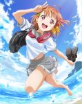  :d bag barefoot beach bird black_footwear blue_sky blush bow cloud clover_hair_ornament day earphones fisheye full_body grey_skirt hair_bow hair_ornament highres holding holding_shoes looking_at_viewer love_live! love_live!_sunshine!! midriff miniskirt neckerchief ocean official_art open_mouth orange_hair outdoors pleated_skirt red_eyes red_neckwear school_bag school_uniform seagull serafuku shirt shoes shoes_removed short_sleeves skirt sky smile solo takami_chika uranohoshi_school_uniform v water water_drop white_shirt yellow_bow 