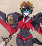  autobot blue_eyes breasts character_name commentary grid grid_background highres holding looking_at_viewer makeup mechanical_wings medium_breasts meme50 no_humans solo standing sword transformers weapon windblade wings 