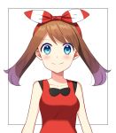  blue_eyes blush breasts brown_hair collarbone eyebrows_visible_through_hair hair_ribbon hairband haruka_(pokemon) highres long_hair looking_at_viewer medium_breasts pokemon pokemon_(game) pokemon_oras red_hairband red_shirt ribbon shirt simple_background sleeveless sleeveless_shirt smile solo striped striped_ribbon upper_body white_background yuihiko 