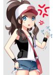  1girl absurdres anger_vein angry arrow bag black_vest blue_eyes blue_shorts breast_conscious brown_hair clenched_hand collarbone cowboy_shot female flat_chest grey_background hand_on_hip hand_up hat highres looking_at_viewer open_mouth poke_ball_theme pokemon pokemon_(game) pokemon_bw ponytail shirt short_shorts shorts simple_background sleeveless sleeveless_shirt solo standing text tied_hair touko_(pokemon) translation_request vest white_hat white_shirt wristband yuihiko 