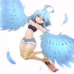  1girl :d ahoge backlighting bare_shoulders blue_hair commentary denim denim_shorts feathered_wings feathers full_body hair_between_eyes harpy monster_girl monster_musume_no_iru_nichijou navel open_mouth outstretched_arms papi_(monster_musume) pastelletta round_teeth short_hair short_shorts shorts simple_background smile solo spread_arms stomach strapless talons teeth tubetop white_background winged_arms wings yellow_eyes 