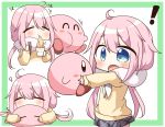  1girl :o ^_^ absurdres bangs blue_eyes blush blush_stickers cardigan chopsticks closed_eyes commentary crossover cup_ramen eyebrows_visible_through_hair grey_skirt hair_between_eyes highres holding holding_chopsticks hug jako_(jakoo21) kagamihara_nadeshiko kirby kirby_(series) long_hair long_sleeves low_twintails open_mouth pink_hair plaid plaid_skirt pleated_skirt scarf sidelocks skirt sleeping sleeves_past_wrists trait_connection twintails very_long_hair white_scarf yurucamp 