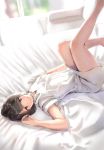 bangs bare_legs black_hair blush bob_cut brown_eyes closed_mouth commentary_request couch day indoors legs looking_at_viewer lying miniskirt on_back on_couch original reinama shirt short_hair short_sleeves skirt smile solo thighs white_skirt 