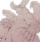 animal_genitalia anthro anus catsudon claws genital_slit looking_at_viewer lying male monster_hunter_world muscular nergigante on_back precum presenting_slit scalie simple_background slit slit_play slitfluid smile solo spreading teeth white_background wings 