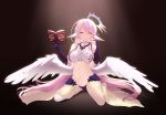  :o absurdres bangs bare_legs bare_shoulders black_gloves blush book breasts bridal_gauntlets cait collarbone crop_top elbow_gloves feathered_wings gloves halo hand_up highres holding holding_book huge_filesize jibril_(no_game_no_life) large_breasts long_hair looking_at_viewer low_wings navel no_game_no_life o-ring open_book open_mouth paid_reward patreon_reward pink_eyes pink_hair revision ringed_eyes sideboob single_elbow_glove single_glove sitting solo spotlight stomach straight_hair very_long_hair waist_cape wariza white_wings wings yellow_eyes 