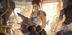  armor brigitte_(overwatch) brown_hair commentary freckles garage gloves headphones helmet highres looking_down nesskain overwatch ponytail serious solo tank_top tattoo toned wrench 