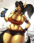  2018 amber_steel anthro backless_gloves big_breasts black_bottomwear black_clothing black_eyebrows black_hair black_shorts black_tail bra breasts cleavage clothed clothing detailed_background digital_media_(artwork) earbuds equine eyebrows female fingerless_gloves front_view fur gloves gym hair hand_on_hip headphones hi_res holding_object horn ipod long_hair long_tail looking_at_viewer mammal metalfoxxx my_little_pony photo_background ponytail portrait raised_eyebrow red_bra red_clothing red_topwear red_underwear shorts smile smirk solo sports_bra standing sweat tan_fur tan_horn thick_thighs three-quarter_portrait underwear unicorn unicorn_horn watch water_bottle watermark yellow_eyes 