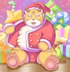  2009 anthro belly bulge christmas clothing felid holidays lako male mammal moobs nipples overweight overweight_male pantherine sitting solo tiger underwear undressing 