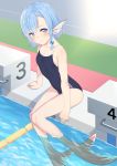  bare_shoulders beads blue_eyes blue_hair blush commentary_request competition_school_swimsuit double_vertical_stripe eyebrows_visible_through_hair hair_beads hair_ornament head_fins highres lane_line looking_at_viewer medium_hair mermaid monster_girl one-piece_swimsuit original pool poolside sitting smile solo swimsuit takunomi water webbed_hands 