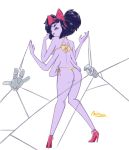  1girl ass bikini blush bow breasts extra_arm extra_eyes fangs high_heels monster_girl muffet purple_skin ribbon spider_girl twintails undertale 