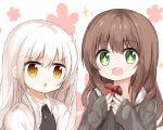  2girls :d bangs black_hoodie black_shirt blush box brown_eyes brown_hair collared_shirt eyebrows_visible_through_hair gift gift_box green_eyes hair_between_eyes heart-shaped_box highres holding holding_gift hood hood_down hoodie jacket long_hair long_sleeves looking_at_viewer multiple_girls open_clothes open_jacket open_mouth original parted_lips shirt sleeves_past_wrists smile sparkle white_hair white_jacket yuuhagi_(amaretto-no-natsu) 
