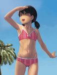  :d abs arm_up armpits bangs bare_arms bare_shoulders bikini black_hair blue_sky blush bow brown_eyes child covering_face cowboy_shot day doraemon flat_chest hair_tie highres looking_afar looking_up low_twintails minamoto_shizuka open_mouth outdoors palm_tree pink_bow plaid plaid_bikini ranma_(kamenrideroz) red_bikini shadow short_hair sky smile solo standing sunlight swimsuit tareme thighs toned tree twintails upper_teeth wrist_extended 