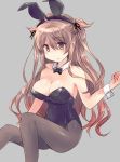  animal_ears black_leotard blush breasts bunnysuit collarbone detached_collar eyebrows_visible_through_hair fake_animal_ears grey_background hair_flaps heterochromia hirune_(konekonelkk) kantai_collection large_breasts leotard light_brown_hair long_hair looking_at_viewer murasame_(kantai_collection) pantyhose remodel_(kantai_collection) simple_background sitting smile solo two_side_up wrist_cuffs 