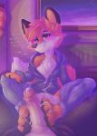  2018 4_toes absurd_res anthro black_nose blush breasts canine chest_tuft clothing darma dialogue digital_media_(artwork) dimwitdog dipstick_ears duo english_text female first_person_view foot_fetish footjob fox hi_res human human_on_anthro interspecies legwear male male/female mammal nipples rock_dog sex small_breasts smile text toes tuft 