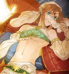  bishounen blue_eyes bridal_gauntlets brown_hair crossdressing earrings gerudo_link jewelry link looking_at_viewer lying male_focus mtfy navel on_back otoko_no_ko pillow pointy_ears solo stomach the_legend_of_zelda the_legend_of_zelda:_breath_of_the_wild upper_body veil 