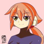  2011 aile bodysuit breasts cleavage closed_mouth commentary english_commentary green_eyes long_hair low_ponytail orange_hair ponytail robot_ears rockman rockman_zx rockman_zx_advent signature skin_tight small_breasts smile spandex turtleneck upper_body za-18 