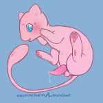  2018 animal_genitalia animal_penis balls blue_background blue_eyes blush cum electrikestorm embarrassed feral floating fur hi_res legendary_pok&eacute;mon male mammal mew nintendo pawpads paws penis pink_fur pink_pawpads pink_penis pok&eacute;mon pok&eacute;mon_(species) simple_background small_balls solo tapering_penis video_games 