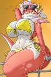  2018 absurd_res anthro arm_above_head avian big_breasts bikini bitting_lip breasts clothing creatiffy dragon female hi_res huge_breasts looking_down sunset swimsuit thick_thighs voluptuous wide_hips 