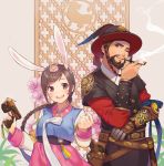  1girl absurdres alternate_costume alternate_hairstyle animal_ears bangs braid breasts brown_eyes brown_hair bunny_ears bunny_hair_ornament cherry_blossoms d.va_(overwatch) facepaint facial_hair facial_mark finger_on_trigger flower grey_background gun hair_ornament hanbok handgun hat highres holding holding_gun holding_weapon holster holstered_weapon korean_clothes lino_chang long_hair long_sleeves looking_at_viewer magistrate_mccree mccree_(overwatch) mechanical_arm one_eye_closed open_mouth overwatch palanquin_d.va pink_skirt pipe pipe_in_mouth pistol revolver short_hair simple_background skirt small_breasts smile smoking striped_sleeves traditional_clothes trellis weapon whisker_markings 