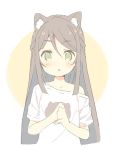  :o animal_ear_fluff animal_ears bangs bare_shoulders blush brown_hair cat_ears commentary eyebrows_visible_through_hair green_eyes hair_between_eyes long_hair looking_at_viewer meito_(maze) off_shoulder original own_hands_together parted_lips shirt short_sleeves sketch solo upper_body very_long_hair white_background white_shirt 