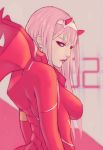  aqua_eyes bangs bodysuit breasts darling_in_the_franxx eyeshadow from_side frown hairband horns long_hair looking_at_viewer looking_back makeup medium_breasts pilot_suit pink_hair red_bodysuit solo soranamae straight_hair white_hairband zero_two_(darling_in_the_franxx) 