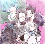  3boys annoyed armor bared_teeth belial_(granblue_fantasy) bisexual_(male) black_hair blue_hair blush braid brown_hair granblue_fantasy harem marut_(granblue_fantasy) mixed_harem multiple_boys multiple_girls nasuko_(rusk3692) noa_(granblue_fantasy) pink_background rackam_(granblue_fantasy) silver_hair simple_background single_braid smile sweat teeth tiamat_(granblue_fantasy) 