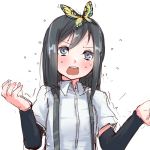  animal animal_on_head arm_warmers asashio_(kantai_collection) black_hair blue_eyes bug butterfly butterfly_on_head flying_sweatdrops insect kantai_collection long_hair on_head open_mouth shirt short_sleeves simple_background solo soubi trembling upper_body white_background white_shirt 