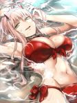  aqua_eyes bikini breasts cleavage darling_in_the_franxx half-closed_eyes herozu_(xxhrd) highres horns large_breasts long_hair looking_at_viewer lying navel on_back open_mouth partially_submerged red_bikini side-tie_bikini smile solo swimsuit water zero_two_(darling_in_the_franxx) 
