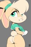  2018 bangs bedroom_eyes big_butt bottomless breasts butt clothed clothing digital_media_(artwork) female floppy_ears fur gloves green_eyes green_shirt grey_background grin hair hair_over_eye half-closed_eyes hi_res inviting lagomorph lola_bunny looking_back looney_tunes mammal multicolored_fur ponytail rabbit rear_view seductive simple_background smile solo standing teeth two_tone_fur warner_brothers white_fur xylas yellow_fur 