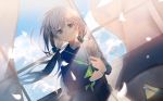  bangs closed_mouth collarbone eyebrows_visible_through_hair grey_hair hair_between_eyes highres holding long_hair long_sleeves looking_at_viewer low_twintails omutatsu original petals school_uniform shaded_face skirt sky smile solo standing sunlight twintails wind window 