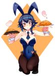  animal_ears bangs black_hair black_legwear black_leotard black_neckwear blush braid breasts brown_eyes bunny_ears bunny_girl bunnysuit character_name cleavage commentary covered_navel detached_collar fake_animal_ears food full_body girls_und_panzer holding holding_food kusanagi_tonbo large_breasts leotard looking_at_viewer necktie one_knee pantyhose pasta pepperoni_(girls_und_panzer) plate short_hair side-tie_leotard side_braid solo steam strapless strapless_leotard translated wrist_cuffs 