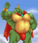  2019 anthro bracelet bulge cape clothing crocodile crocodilian donkey_kong_(series) front_view jabuhusky jewelry king_k_rool kremling looking_at_viewer male musclegut muscular muscular_male navel nintendo nipples open_mouth pecs red_eyes reptile scalie sharp_teeth simple_background solo standing teeth thong video_games 