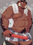  boar bulge facial_hair fur goatee male mammal motogen musclegut nipples porcine shower smile steam tusks 