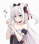  animal_ears azur_lane bangs bare_shoulders black_bow black_dress blue_eyes blush bow cat_ears cat_hair_ornament choker collarbone commentary_request dress eyebrows_visible_through_hair hair_between_eyes hair_bow hair_ornament hair_ribbon hammann_(azur_lane) kohakope long_hair one_side_up parted_lips puffy_short_sleeves puffy_sleeves red_choker red_ribbon remodel_(azur_lane) ribbon short_sleeves silver_hair simple_background sketch solo very_long_hair white_background 