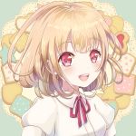  :d blonde_hair blouse blush bob_cut bow cookie eyebrows_visible_through_hair food green_background kapin lace looking_at_viewer open_mouth original red_bow red_eyes short_hair smile solo upper_body white_blouse 