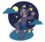  black_fur bulge clothed clothing cub cute_fangs eeveelution fur looking_at_viewer male mammal moon nintendo oob open_mouth pawpads pok&eacute;mon pok&eacute;mon_(species) red_eyes shorts simple_background solo star topless umbreon video_games yellow_fur young 