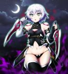  arm_belt bandaged_arm bandages black_panties breasts crescent_moon dagger dual_wielding facial_scar fate/apocrypha fate/grand_order fate_(series) gloves green_eyes groin highres holding holding_knife jack_the_ripper_(fate/apocrypha) knife lowleg lowleg_panties moon navel night night_sky panties scar scar_across_eye scar_on_cheek shoulder_tattoo silver_hair single_glove sky small_breasts solo sotomichi tattoo thighs underwear weapon 