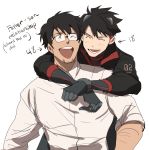  black_hair bodysuit edward_the_blue_engine glasses gordon_the_big_engine hug hug_from_behind kendy_(revolocities) male_focus multiple_boys personification shirt simple_background sleeves_rolled_up thomas_the_tank_engine upper_body white_background white_shirt 