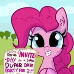 ! 2018 blue_eyes blush bust_portrait cloud cute earth_pony english_text equine eyebrows eyelashes female feral friendship_is_magic fur grin hair hi_res horse inner_ear_fluff looking_at_viewer makeup mammal mascara my_little_pony outside paper pink_hair pinkie_pie_(mlp) pony portrait sky smile solo_focus teeth text tjpones tree unseen_character 