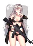  an-94 an-94_(girls_frontline) assault_rifle bare_shoulders black_bra black_panties blue_eyes blush bra breasts cenangam character_name cleavage commentary_request fingernails girls_frontline grey_hair gun holding holding_gun holding_weapon lace lace-trimmed_bra lace-trimmed_panties long_hair looking_at_viewer medium_breasts nail_polish open_clothes panties parted_lips rifle scope solo standing trigger_discipline underwear weapon 