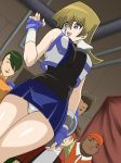  1girl bare_legs black_eyes blonde_hair blue_gloves blue_skirt breasts duel_disk fingerless_gloves from_below gloves hair_between_eyes hair_over_one_eye happy headband highres indoors jacket large_breasts legs long_hair looking_back no_eyes open_mouth panties pantyshot pantyshot_(standing) shiny shiny_skin skirt sleeveless_jacket sleeveless_turtleneck smile standing straw_(yokubou_hiroba) tenjouin_asuka thighs turtleneck underwear upskirt vest walking white_panties yu-gi-oh! yuu-gi-ou_gx 