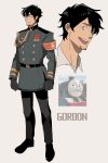  absurdres aiguillette armband black_hair black_pants character_name full_body glasses gordon_the_big_engine highres kendy_(revolocities) male_focus military military_uniform pants personification photo_inset redesign smile solo thomas_the_tank_engine uniform 