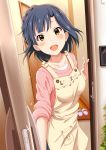  :d absurdres apron bag blue_hair blush braid breasts commentary_request doorway highres idolmaster idolmaster_million_live! indoors intercom looking_at_viewer md5_mismatch medium_breasts nanao_yuriko open_door open_mouth pov_doorway shiokazunoko short_hair slippers_removed smile solo standing yellow_eyes 