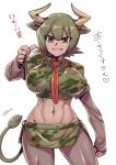  animal_humanoid aurochs_(kemono_friends) big_breasts bovid bovine bovine_humanoid breasts brown_eyes brown_hair brown_skin camo_print clothed clothing crop_top female grin hair horn humanoid japanese_text kemono_friends legwear mammal midriff navel necktie shirt short_hair skirt smile solo tail_tuft text tights translation_request tsuki_wani tuft 