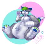  2017 achiga anthro belly blue_fur canine digital_drawing_(artwork) digital_media_(artwork) dipstick_tail drinking fox fur green_fur green_hair grey_fur hair hypnosis inflatable living_inflatable male mammal markings mind_control multicolored_fur multicolored_tail nozzle nude paws pool_toy potion rubber shiny simple_background solo spiral spiral_eyes transformation whalerace 