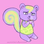  2018 ambiguous_gender anthro beverage bottomless clothed clothing coffee coffee_cup electrikestorm fur hi_res mammal purple_background purple_fur rodent shirt simple_background sitting solo squirrel star_eyes static_(animal_crossing) 