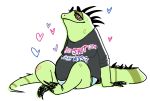  &lt;3 2018 belly breasts clothing digital_media_(artwork) english_text eyelashes female half-closed_eyes hi_res iguana lizard nobby_(artist) overweight panties pink_eyes reptile scalie shirt simple_background smile solo text underwear white_background 